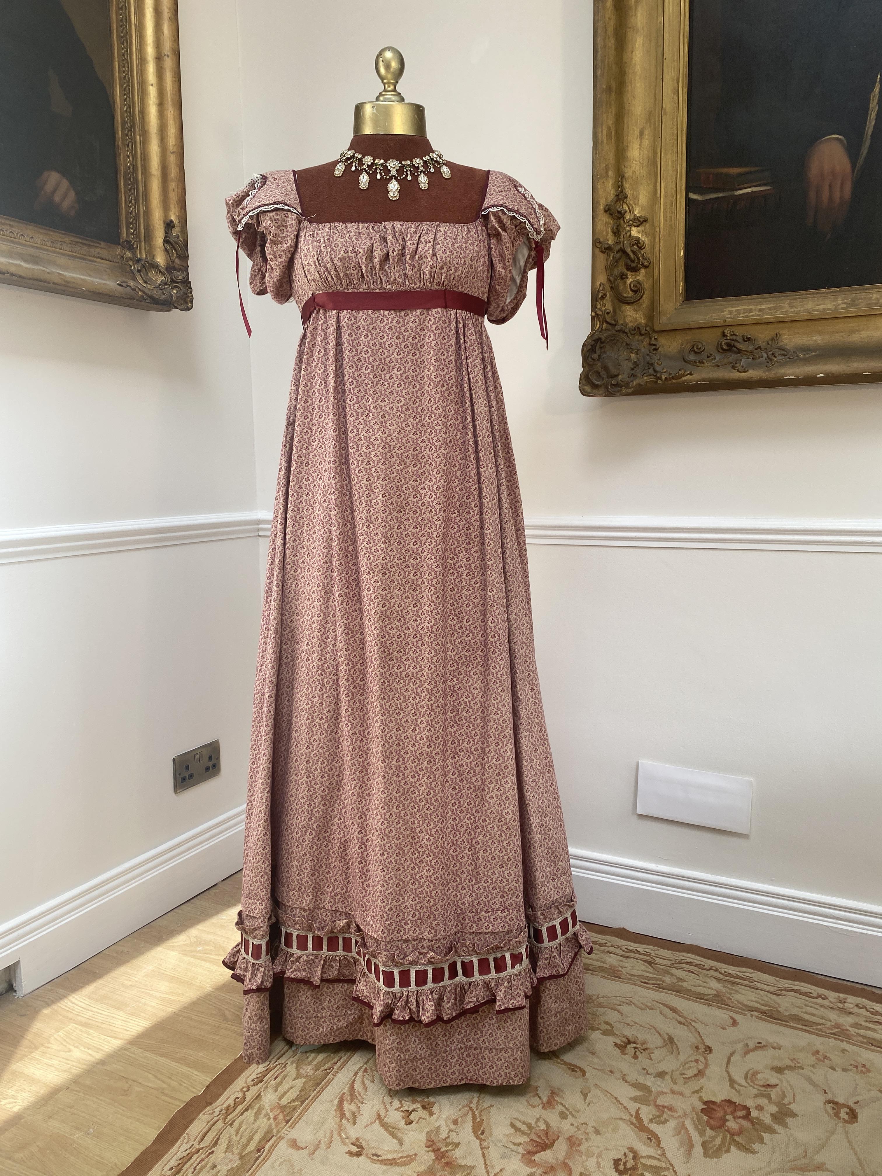 A cotton patterned Regency style day-dress. Size 10 to 12